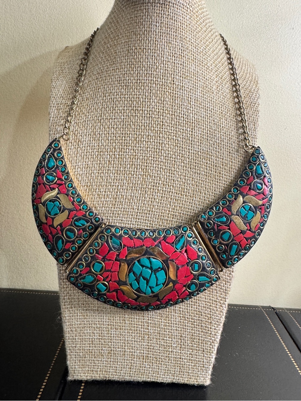 Vintage Turquoise and Coral Mosaic and Brass Statement Necklace